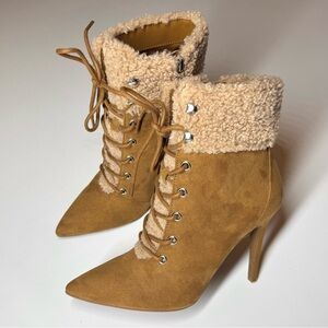 Jessica Simpson Women’s Heeled Faux Fur Tan Suede Pirlie‎ Fuzzy Booties Size- 6M